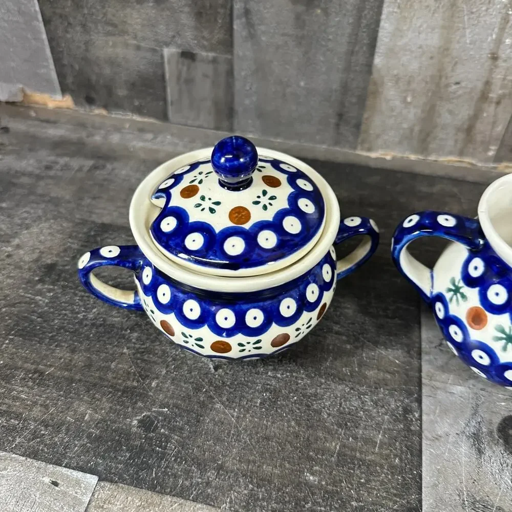 Vintage Boleslawiec Polish Pottery Mosquito Pattern Cream‎ And Sugar
